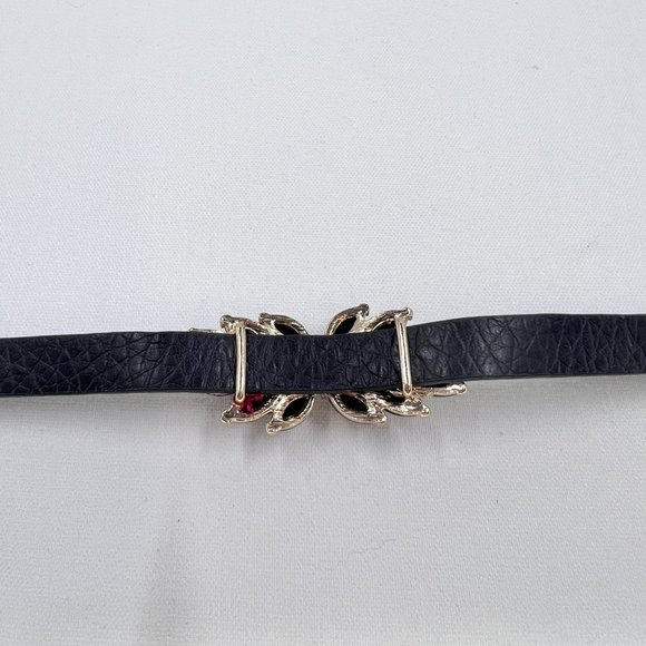 Black Jeweled Double Stacked Flower Gold Tone Black Leather 7” Bracelet - Picture 8 of 9